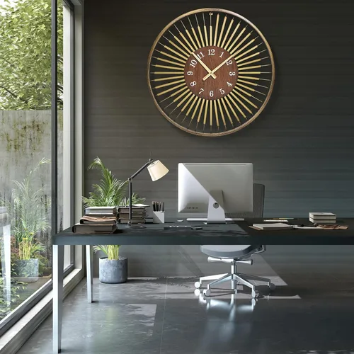 Miniatura 3 de Reloj de pared moderno de mediados de siglo de 24 pulgadas, diseño de metal de marco redondo con centro de madera de nogal, movimiento de cuarzo F