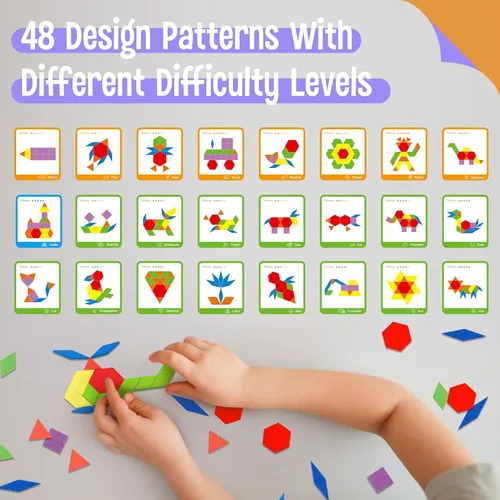 Miniatura 4 de 155 PIEZAS Juego de Bloques de Patrón de Madera, 24 Tarjetas de Diseño Doble Cara (48 Patrones) Rompecabezas de Forma Geométrica Divertido Tangram