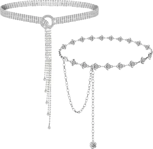 2 Pieces Rhinestone Belt for Women Shiny Crystal O-Ring Waist Belts for Dress Diamond Chain Belt for Ladies Dress Gift