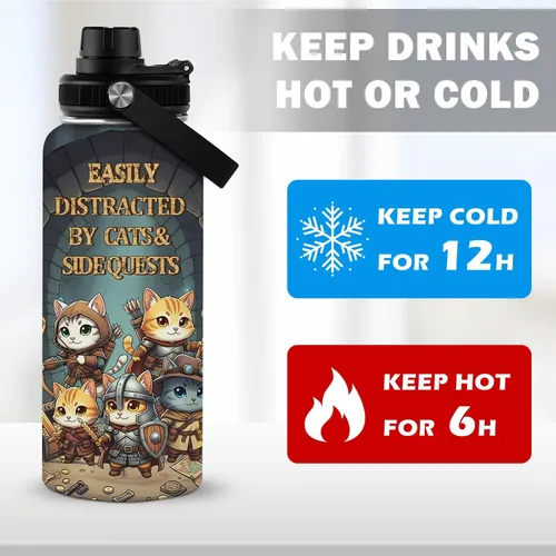 Miniatura 2 de Botella de agua Gamer Cats de 32 onzas, botella de agua aislada Side Quest Cats para mujeres, regalos de anime para mujeres, regalos de cumpleaños