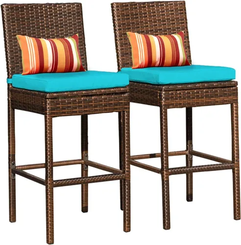 Sundale Outdoor Juego de 2 taburetes de bar, 2 taburetes de bar de mimbre tejido sin brazos, sillas de bar para patio con almohada y cojín azul,