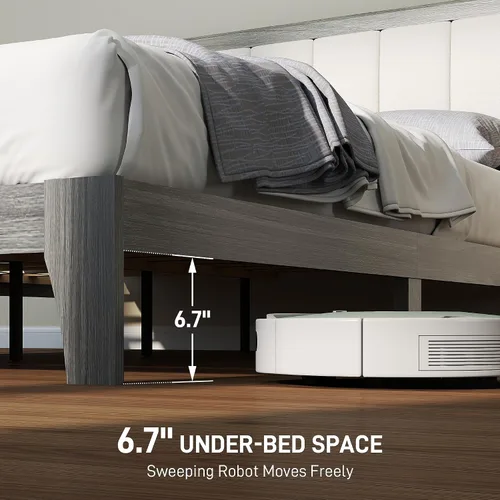 Miniatura 5 de HOMCOM Base de cama de tamaño matrimonial con cabecera tapizada, marco de cama de plataforma con listones de madera, no necesita somier, fácil