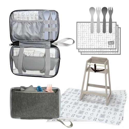 THEO'S Baby Led Weaning Supplies - Embrague de 12 piezas, esenciales para la hora de comer con 4 alfombrillas desechables para debajo de la silla