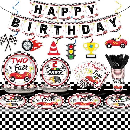 Qyeahkj Juego de 184 piezas de suministros para fiesta de cumpleaños rápido, incluye platos de coche de carreras, servilletas, mantel, pancarta, kit