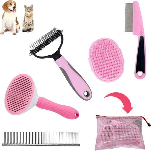 Kit de aseo para perros - Cepillo de deshedding para cabello corto, cepillo deslizante, peine para pulgas, juego de cepillos para cachorros en color