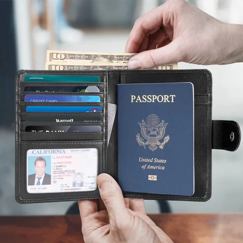 Miniatura 2 de Polare - Cartera de pasaporte de viaje plegable de cuero de grano completo para hombre, delgada con bloqueo RFID, Negro -, Slim