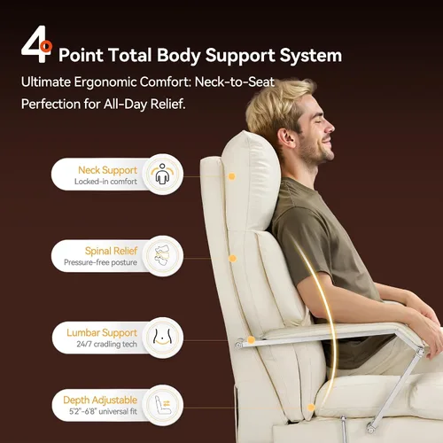 Miniatura 10 de OKUP M76 - Silla de oficina ejecutiva reclinable de 160° con reposapiés, silla de oficina de cuero con profundidad de asiento ajustable, cojín Crema