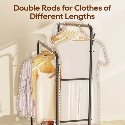 Miniatura 4 de TigerParty Perchero de doble barra para colgar ropa, perchero rodante con ruedas, estantes de ropa independientes con 2 estantes para dormitorio