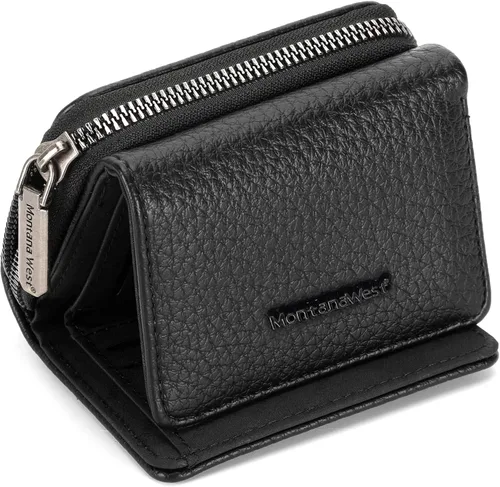 Montana West Billetera pequeña para mujer, de piel auténtica, triple pliegue, tarjetero Rfid con cremallera y bolsillo para monedas, Un negro, Casual