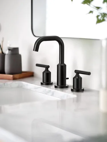 Miniatura 7 de Moen Gibson Grifo de Lavabo de Baño Moderno de Arco Alto Extenso de Dos Manijas Negro Mate, Grifo de Baño Moderno para Lavabos de Baño de Tres