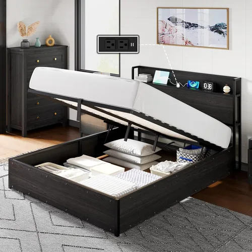 AMERLIFE Marco de Cama de Almacenamiento Elevable Tamaño Completo, Marco de Cama de Plataforma de Madera con Almacenamiento Elevable y Estación de