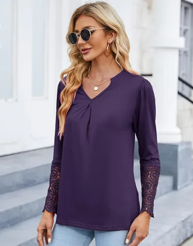 Miniatura 4 de BLITYA Blusas casuales con cuello en V para mujer, camisas de manga de encaje
