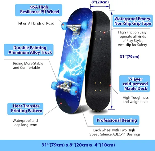 Miniatura 2 de PHOEROS Complete Skateboards- Standard Skateboards for Beginners Kids Boys Girls Teenager- 31''x 8''Canadian Maple Cruiser Pro Skate Board