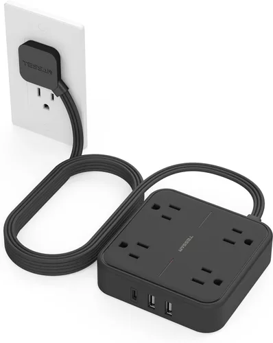 TESSAN – Cable de extensión plano con protector de sobretensión de 10 pies, regleta de alimentación de enchufe plano con 4 salidas y 3 puertos USB