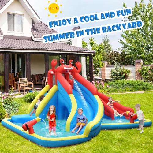 Miniatura 2 de BOUNTECH - Tobogán acuático inflable, parque acuático 7 en 1 para niños y adultos, diversión al aire libre con doble tobogán largo, soplador de 950
