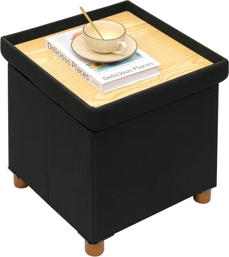 Miniatura 8 de PINPLUS Cubo otomano de almacenamiento, reposapiés de lino blanco con patas de madera, reposapiés de tela plegable, asiento cómodo con tapa, otomana