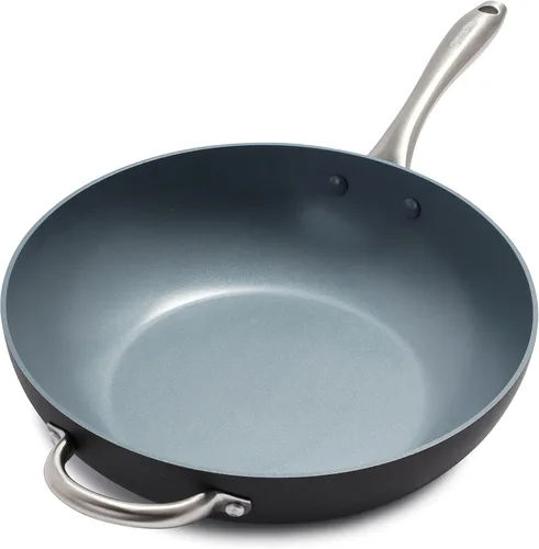 GreenPan Lima - Sartén wok antiadherente de cerámica anodizada dura de 12.5 pulgadas con mango auxiliar, sin PFAS, apto para horno, gris