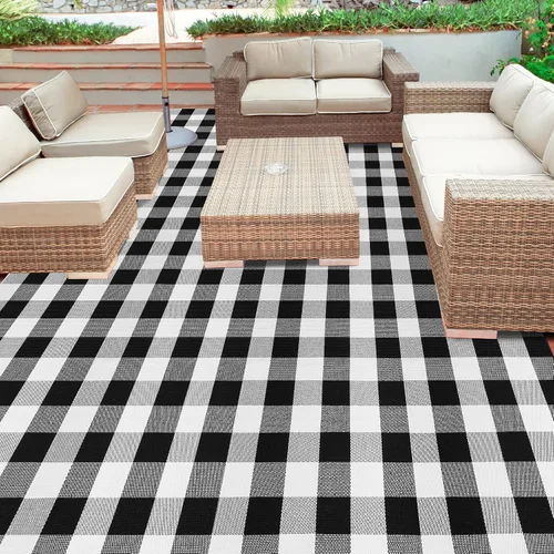 Miniatura 42 de Alfombra de Exterior de Cuadros Buffalo 2x3 pies, Alfombra Tejida de Algodón Negro y Blanco Roto, Tapetes para Puerta de Porche Frontal, Alfombra