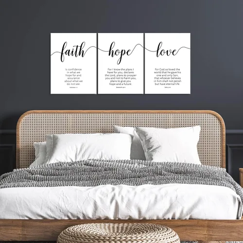 Miniatura 5 de Creoate Lienzo decorativo para pared con versículos de la Biblia, 3 piezas, Faith Hope Love, decoración de pared religiosa inspiradora cristiana