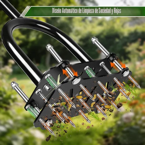 Miniatura 3 de Aireador de césped ajustable con resorte de rebote – 16 picos de metal afilados aireador de suelo con mango ergonómico en T y placa de pie ancha