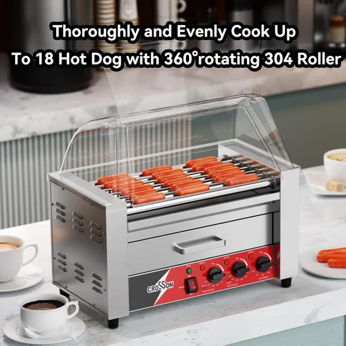 Miniatura 3 de CROSSON Hot Dog 7 Roller con calentador de bollo y protector transparente de estornudos, 7 antiadherente 304 rodillo parrilla cocina máquina