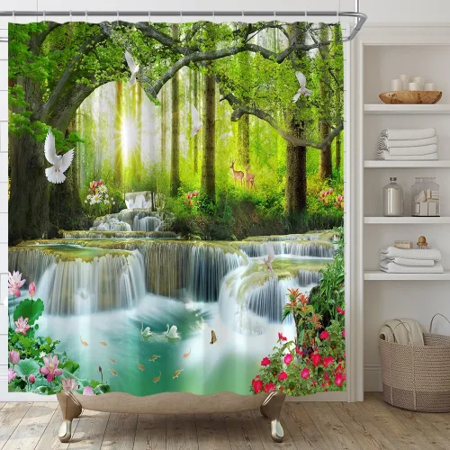 Miniatura 4 de Cortina de ducha con diseño de cascada, naturaleza, bosque, árbol, animales salvajes, ciervos, pájaros, flores, mariposa, amanecer, verano, paisaje