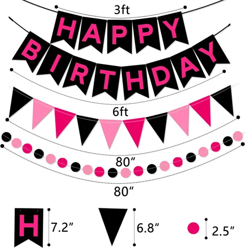 Miniatura 4 de Decoraciones de Fiesta de Cumpleaños en Negro y Rosa - Pancarta de Feliz Cumpleaños, Bolas de Panal, Remolinos de Estrellas, Puntos Circulares