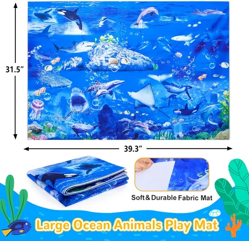 Miniatura 7 de GINMIC Juguetes de animales del océano para niños con alfombra de juego grande, paquete de 18 juguetes de animales marinos realistas surtidos