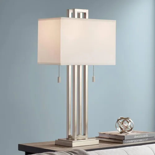 Possini Euro Design Gossard - Lámpara de mesa moderna de 30 pulgadas de alto, níquel cepillado, plata, metal abierto, tela blanca, rectangular, Única