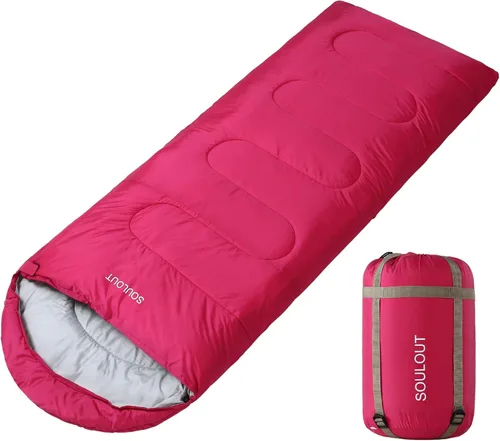 Saco de dormir de 3 a 4 estaciones para adultos y niños, bolsa de camping ligera y cálida para clima frío con saco de compresión impermeable - Rosa
