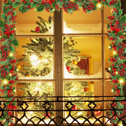 Miniatura 7 de ATDAWN - Guirnalda de Navidad de bayas rojas iluminada de 9 pies, guirnalda de Navidad operada por batería con luces, guirnalda artificial flexible