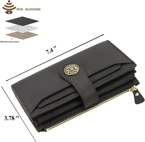 Miniatura 5 de Travelambo - Cartera de piel auténtica encerada con bloqueo de identificación de radiofrecuencia (RFID) para mujer, con gran capacidad, bolso