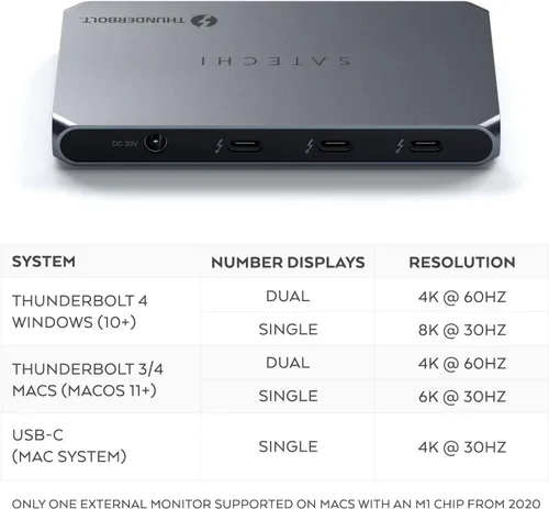 Miniatura 3 de Satechi Hub delgado Thunderbolt 4 5-en-1, carga USB C de 60W, pantalla única de 8K o doble de 4K, 4 puertos Thunderbolt 4, USB 3.2 Gen2, compatible