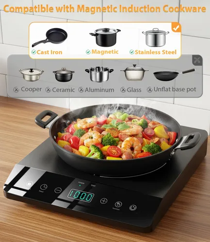 Miniatura 7 de Placa de inducción de quemador único, cocina de inducción portátil certificada ETL de 1800 W, bobina de calentamiento grande de 8 pulgadas, 12