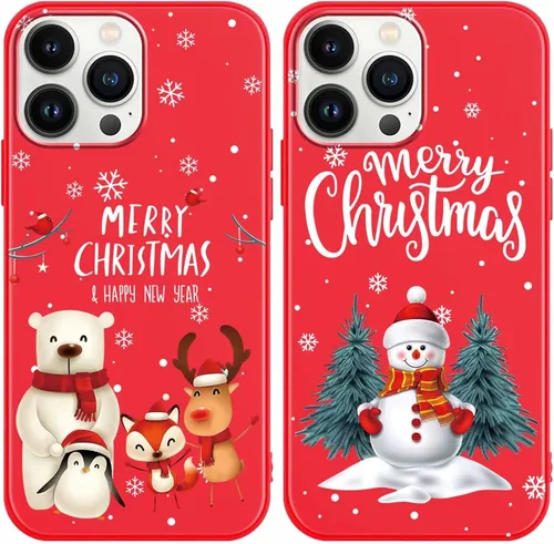 Miniatura 20 de Paquete de 2 bonitas fundas de Navidad para iPhone de 13/14 pulgadas, diseño de muñeco de nieve rojo, diseño de animales de Feliz Navidad, silicona
