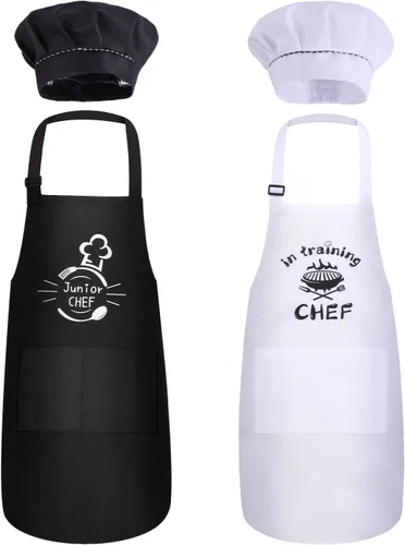 Juego de 4 delantales y sombreros de chef, delantal ajustable impermeable para niños, delantal de entrenamiento divertido para niñas y niños