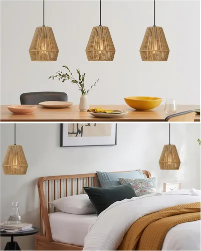 Miniatura 4 de ELYONA Luces colgantes tejidas estilo bohemio de 7 pulgadas, lámpara colgante de ratán rústico ajustable, cortina de cesta tejida a mano, accesorios