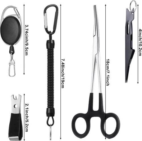 Miniatura 2 de 8 piezas de herramientas de pesca con mosca, accesorios que incluyen 4 en 1 línea de mosca cortadora de nudos negros, línea de pesca, pinza
