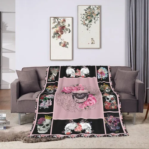 Miniatura 2 de Manta de calavera de azúcar, súper suave y cálida, manta de esqueleto de terror con rosas para mujeres, acogedora manta de forro polar de felpa