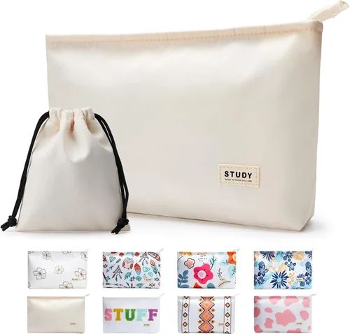 Miniatura 26 de WLLWOO - 2 bolsas de maquillaje de pana con cara sonriente, bolsa de cosméticos con cremallera interior impermeable, estuche para lápices, monedero