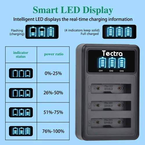 Miniatura 5 de Tectra 3 baterías EN-EL5 ENEL5 + cargador LED de 3 ranuras para Nikon Coolpix P530, P510, P500, P520, P3, P4, P90, P80, P100, P5000, P6000, S10