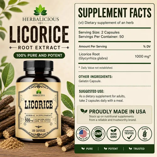 Miniatura 6 de Raíz de regaliz 100 cápsulas – Glycyrrhiza Glabra orgánica pura – Suplemento herbal para la comodidad digestiva y el bienestar general – Sin OMG