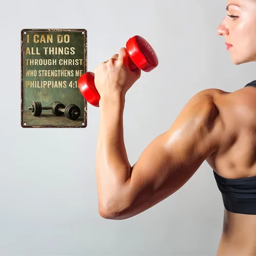 Miniatura 5 de Cartel de metal para gimnasio de estaño Puedo hacer todas las cosas a través de Cristo Cartel motivacional retro para gimnasio Para Gimnasio 6