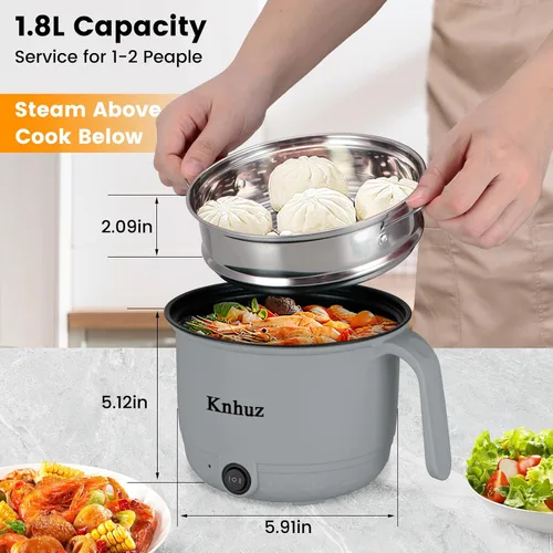 Miniatura 5 de Olla eléctrica caliente con vaporizador, cocina rápida de ramen, mini olla eléctrica de autocalentamiento portátil de 1.8L para cocinar fideos, Gris