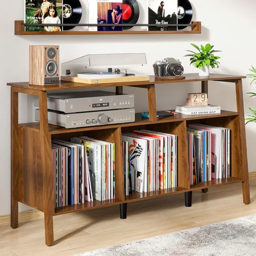 Mxtxmy Soporte grande para tocadiscos, mesa giratoria de mediados de siglo con almacenamiento abierto con capacidad para hasta 450 álbumes, estante