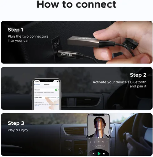 Miniatura 7 de UGREEN Adaptador auxiliar para automóvil Bluetooth 6.0 con LDAC, adaptador auxiliar de 0.138 in micrófono incorporado, receptor de audio Bluetooth