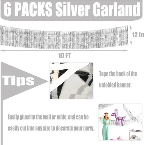 Miniatura 2 de Paquete de 10 guirnaldas de flecos de papel de aluminio plateado de 10 pies con serpentinas metálicas de oropel para colgar en la pared, telón