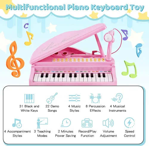 Miniatura 2 de Costzon Piano para niños, mini teclado de juguete de piano de cola de 31 teclas con micrófono, taburete y luces, piano electrónico portátil, juguete
