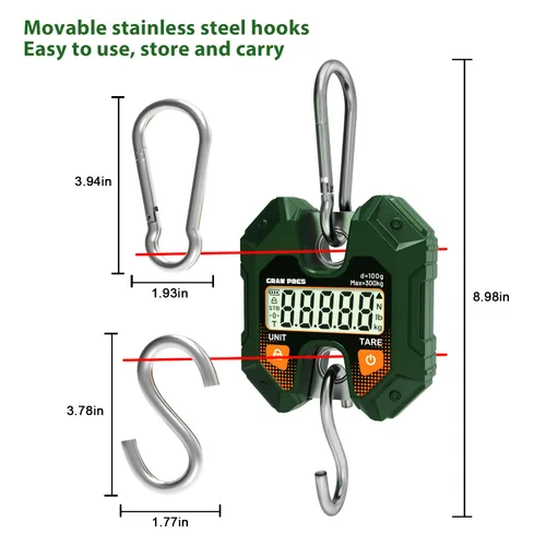 Miniatura 4 de GRAM PRES Báscula colgante digital de 660 libras/661.4 lbs, mini balanza de mano para caza de ciervos, báscula digital de equipaje con ganchos