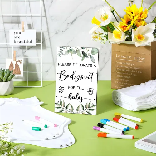 Miniatura 4 de Handepo Juego de 26 piezas para baby shower, 1 cartel de madera, 15 mamelucos blancos, 10 marcadores de tela para kit de decoración de nacimiento